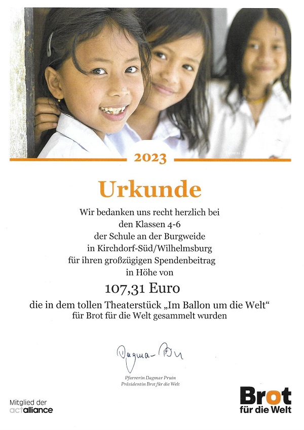 Urkunde von Brot f&uuml;r die Welt